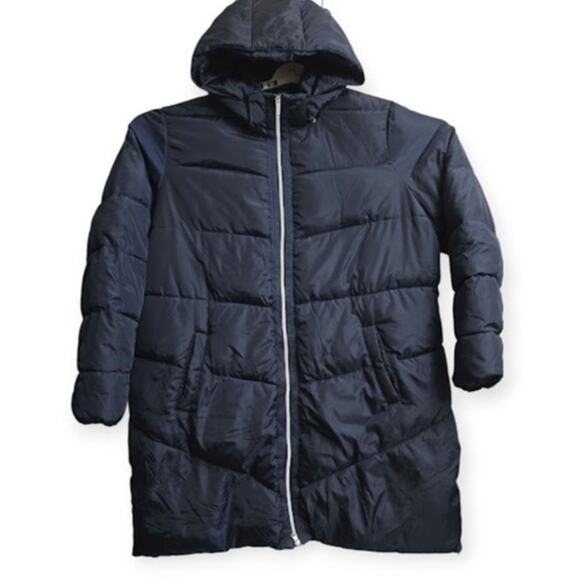 Ellos Women’s 1X Navy Blue Hooded Long Puffer Coat Size 22/24 - Picture 1 of 12